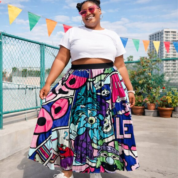 Sesame Street Women's Pleated Maxi Skirt Size L/XL Graphic Elmo Oscar Retro - Picture 2 of 8